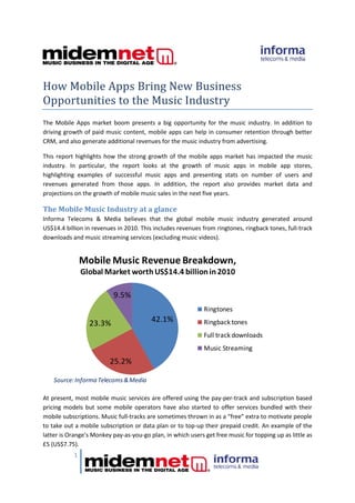 How Mobile Apps Bring New Business
Opportunities to the Music Industry
The Mobile Apps market boom presents a big opportunity for the music industry. In addition to
driving growth of paid music content, mobile apps can help in consumer retention through better
CRM, and also generate additional revenues for the music industry from advertising.

This report highlights how the strong growth of the mobile apps market has impacted the music
industry. In particular, the report looks at the growth of music apps in mobile app stores,
highlighting examples of successful music apps and presenting stats on number of users and
revenues generated from those apps. In addition, the report also provides market data and
projections on the growth of mobile music sales in the next five years.

The Mobile Music Industry at a glance
Informa Telecoms & Media believes that the global mobile music industry generated around
US$14.4 billion in revenues in 2010. This includes revenues from ringtones, ringback tones, full-track
downloads and music streaming services (excluding music videos).


               Mobile Music Revenue Breakdown,
               Global Market worth US$14.4 billion in 2010

                           9.5%
                                                             Ringtones

                 23.3%                   42.1%               Ringback tones
                                                             Full track downloads
                                                             Music Streaming
                         25.2%

    Source: Informa Telecoms & Media

At present, most mobile music services are offered using the pay-per-track and subscription based
pricing models but some mobile operators have also started to offer services bundled with their
mobile subscriptions. Music full-tracks are sometimes thrown in as a “free” extra to motivate people
to take out a mobile subscription or data plan or to top-up their prepaid credit. An example of the
latter is Orange’s Monkey pay-as-you-go plan, in which users get free music for topping up as little as
£5 (US$7.75).
           1
 