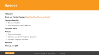 Agenda
Introduction
Shock and Vibration Testing: What, Why, Who, When and Where?
Hardware Selection
• Sensor Selection
• Data Acquisition (DAQ) Selection
Equipment Setup
Analysis
• Spectrum Analysis
• Vibration and Shock Response Spectrum
• Software Packages Available
Resources
Wrap Up, and Q&A
© 2016 Midé Technology – All Rights Reserved GENERAL 2
 