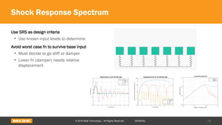 Shock Response Spectrum
Use SRS as design criteria
• Use known input levels to determine
Avoid worst case fn to survive base input
• Must decide to go stiff or damper
• Lower fn (damper) needs relative
displacement
26© 2016 Midé Technology – All Rights Reserved GENERAL
 