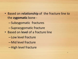 14
• Based on relationship of the fracture line to
the zygomatic bone -
–Subzygomatic fractures
–Suprazygomatic fracture
• Based on level of a fracture line
–Low level fracture
–Mid level fracture
–High level fracture
 