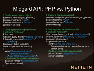 Midgard API: PHP vs. Python
// Create a new person object              # Create a new person object
$person = new midgard_person();            person = midgard.mgdschema.midgard_person()
$person->firstname = 'Leif';               person.firstname = 'Leif'
$person->lastname = 'Eriksson';            person.lastname = 'Eriksson'
$person->create();                         person.create()

// Query system for all persons with       # Query system for all persons with
// lastname "Eriksson"                     # lastname "Eriksson"
$qb = new                                  qb = midgard.query_builder('midgard_person')
midgard_query_builder('midgard_person');   qb.add_constraint('lastname', '=', 'Eriksson')
$qb->add_constraint('lastname', '=',       persons = qb.execute()
       'Eriksson');                        for person in persons:
$persons = $qb->execute();                    print "%s, %s has GUID %s" 
foreach ($persons as $person)                    % (person.lastname, person.firstname, 
{                                                person.guid)
    echo "{$person->lastname},”               # Add an email address and update
       . ” {$person->firstname}”              person.email = 'leif@vinland.no'
       . “ has GUID {$person->guid}n";       person.update()
    // Add an email address and update
    $person->email = 'leif@vinland.no';
    $person->update();
}
 