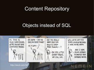 Content Repository


            Objects instead of SQL




http://xkcd.com/327/
 
