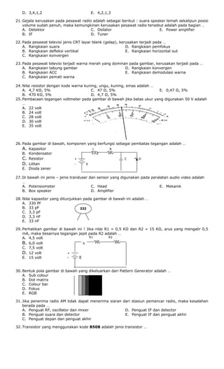 a
R1 R2
D. 3,4,1,2 E. 4,2,1,3
21. Gejala kerusakan pada pesawat radio adalah sebagai berikut : suara speaker lemah sekalipun posisi
volume sudah penuh, maka kemungkinan kerusakan pesawat radio tersebut adalah pada bagian …
A. Detektor
B. IF
C. Osilator
D. Tuner
E. Power amplifier
22. Pada pesawat televisi jenis CRT layar blank (gelap), kerusakan terjadi pada …
A. Rangkaian suara
B. Rangkaian defleksi vertikal
C. Rangkaian konvergen
D. Rangkaian pemfokus
E. Rangkaian horizontal out
23. Pada pesawat televisi terjadi warna merah yang dominan pada gambar, kerusakan terjadi pada …
A. Rangkaian tabung gambar
B. Rangkaian ACC
C. Rangkaian pemati warna
D. Rangkaian konvergen
E. Rangkaian demodulasi warna
24. Nilai resistor dengan kode warna kuning, ungu, kuning, emas adalah …
A. 4,7 KΩ, 5%
B. 470 KΩ, 5%
C. 47 Ω, 5%
D. 4,7 Ω, 5%
E. 0,47 Ω, 5%
25. Pembacaan tegangan voltmeter pada gambar di bawah jika batas ukur yang digunakan 50 V adalah
…
A. 22 volt
B. 24 volt
C. 28 volt
D. 30 volt
E. 35 volt
26. Pada gambar di bawah, komponen yang berfungsi sebagai pembatas tegangan adalah …
A. Kapasitor L R
B. Kondensator
C. Resistor + C ~ D
D. Lilitan - E
E. Dioda zener
27. Di bawah ini jenis – jenis tranduser dan sensor yang digunakan pada peralatan audio video adalah
…
A. Potensiometer
B. Box speaker
C. Head
D. Amplifier
E. Mekanik
28. Nilai kapasitor yang ditunjukkan pada gambar di bawah ini adalah …
A. 330 Pf
B. 33 pF
C. 3,3 pF
D. 3,3 nF
E. 33 nF
29. Perhatikan gambar di bawah ini ! Jika nilai R1 = 0,5 KΩ dan R2 = 15 KΩ, arus yang mengalir 0,5
mA, maka besarnya tegangan jepit pada R2 adalah …
A. 4,5 volt
B. 6,0 volt A
C. 7,5 volt
D. 12 volt +
E. 15 volt - E
30. Bentuk pola gambar di bawah yang dikeluarkan dari Pattern Generator adalah …
A. Sub colour
B. Dot matrix
C. Colour bar
D. Fokus
E. RGB
31. Jika penerima radio AM tidak dapat menerima siaran dari stasiun pemancar radio, maka kesalahan
berada pada …
A. Penguat RF, oscillator dan mixer
B. Penguat suara dan detector
C. Penguat depan dan penguat akhir
D. Penguat IF dan detector
E. Penguat IF dan penguat akhir
32. Transistor yang menggunakan kode B508 adalah jenis transistor …
332
 