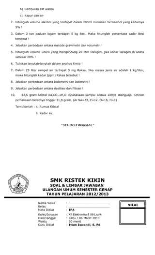 b) Campuran zat warna
c) Kapur dan air
2. Hitunglah volume alkohol yang terdapat dalam 200ml minuman beralkohol yang kadarnya
5% !
3. Dalam 2 ton paduan logam terdapat 5 kg Besi. Maka hitunglah persentase kadar Besi
tersebut !
4. Jelaskan perbedaan antara metode gravimetri dan volumetri !
5. Hitunglah volume udara yang mengandung 20 liter Oksigen, jika kadar Oksigen di udara
sebesar 20% !
6. Tuliskan langkah-langkah dalam analisis kimia !
7. Dalam 25 liter sampel air terdapat 5 mg Raksa. Jika massa jenis air adalah 1 kg/liter,
maka hitunglah kadar (ppm) Raksa tersebut !
8. Jelaskan perbedaan antara Iodometri dan Iodimetri !
9. Jelaskan perbedaan antara destilasi dan filtrasi !
10. 42,6 gram kristal Na2CO3.xH2O dipanaskan sampai semua airnya menguap. Setelah
pemanasan beratnya tinggal 31,8 gram. (Ar Na=23, C=12, O=16, H=1)
Tentukanlah : a. Rumus Kristal
b. Kadar air
” SELAMAT BEKERJA ”
SMK RISTEK KIKIN
SOAL & LEMBAR JAWABAN
ULANGAN UMUM SEMESTER GENAP
TAHUN PELAJARAN 2012/2013
Nama Siswa : ………………………………………………
Kelas : ………………………………………………
Mata Diklat : IPA
Kelas/Jurusan : XII Elektronika & XII Listrik
Hari/Tanggal : Rabu / 06 Maret 2013
Waktu : 60 menit
Guru Diklat : Iwan Iswandi, S. Pd
NILAI
 