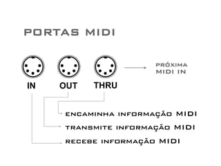 PORTAS MIDI 
próxima 
MIDI IN 
IN OUT THRU 
encaminha informação MIDI 
transmite informação MIDI 
recebe informação MIDI 
 