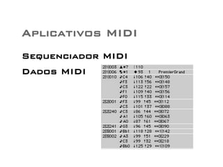 Aplicativos MIDI 
Sequenciador MIDI 
Dados MIDI 
 