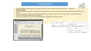 MIDIA ETA SOFTWARE DIGITALA
Erabileraren adibidea
• GAUR EGUN badaude milaka programa midia erabiltzen dituenak. Jotzeko, entzuteko, musika egiteko eta abar … erabiltzen dira.
• Musescore adibidez
• Interneten “Midifile” jartzen baduzu aurkituko dituzu milaka abesti formato honetan eta dohanik (Hobeto eginda daudenak bai ordindu behar direla
baina….)
• Sartzen baduzu Musescore-n partitura ikusteko aukera edukiko duzu. Programa hau partitura editorea delako , baina ez hori bakarrik aldatzea
instrumentuak eta kendu , gehitu atalak ere posiblea da.
• Zuk sortu duzun partitura ere formato horretan gorde dezakezu agian gero eramateko teklatuan edo.
 