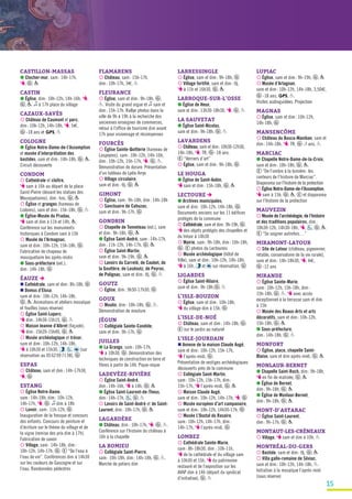 15
CASTILLON-MASSAS
● Clocher-mur, sam: 14h-17h,
T, G , P
CASTIN
● Église, dim: 10h-12h, 14h-16h, T,
G , P. z à 17h place du village
CAZAUX-SAVÈS
¡ Château de Caumont et parc,
dim: 10h-12h, 14h-18h, T, 5€,
G -18 ans et GPS, P
COLOGNE
● Église Notre-Dame-de-l’Assomption
et musée d’interprétation des
bastides, sam et dim: 14h-18h, G , P.
Circuit découverte
CONDOM
¡ Cathédrale et cloître,
T sam à 16h au départ de la place
Saint-Pierre (devant les statues des
Mousquetaires), dim: hnc, G , P
¡ Église et granges (hameau de
Lialores), sam et dim: 15h-18h, G , P
● Église-Musée du Pradau,
T sam et dim à 11h et 14h, P.
Conférence sur les monuments
historiques à Condom sam à 15h
¡ Musée de l’Armagnac,
sam et dim: 10h-12h, 15h-18h, G .
Fabrication de chapeau de
mousquetaire les après-midis
● Sous-préfecture (ext.),
dim: 14h-18h, G
ÉAUZE è
n Cathédrale, sam et dim: 8h-18h, G
n Domus d’Elusa,
sam et dim: 10h-12h, 14h-18h,
G , P. Animations et ateliers mosaïque
et fouilles (sous réserve)
¡ Église Saint-Luperc,
T dim: 14h30-15h15, G , P
¡ Maison Jeanne d’Albret (façade),
T dim: 15h20-15h40, G , P
¡ Musée archéologique et trésor,
sam et dim: 10h-12h, 14h-18h,
T à 10h30 et 15h30, , , (sur
réservation au 0562097138), G
ESPAS
¡ Château, sam et dim: 14h-17h30,
T, G
ESTANG
¡ Église Notre-Dame,
sam: 14h-18h, dim: 10h-12h,
14h-17h, T, G . z dim à 18h
¡ Lavoir, sam: 11h-12h, G .
Inauguration de la fresque et concours
des enfants. Concours de peinture et
d’écriture sur le thème du village et de
la vigne (remise des prix dim à 17h).
Fabrication de savon
¡ Village, sam: 14h-18h, dim:
10h-12h, 14h-17h, G . E “De l’eau à
l’eau de vie”. Conférences dim à 14h30
sur les couleurs de Gascogne et sur
l’eau. Randonnées pédestres
FLAMARENS
¡ Château, sam: 15h-17h,
dim: 10h-17h, 3€, P
FLEURANCE
¡ Église, sam et dim: 9h-18h, G ,
P. Visite du grand orgue et z sam et
dim: 15h-17h. Rallye photos dans la
ville de 9h à 19h à la recherche des
anciennes enseignes de commerces,
retour à l’office de tourisme dim avant
17h pour visionnage et récompenses
FOURCÈS
¡ Église Sainte-Quitterie (hameau de
Laspeyres), sam: 10h-12h, 14h-16h,
dim: 10h-12h, 15h-17h, T, G , P.
Démonstration de dorure. Présentation
d’un tableau de Lydie Arryx
¡ Village circulaire,
sam et dim: tlj, G , P
GIMONT
¡ Église, sam: 9h-18h, dim: 14h-18h
¡ Sanctuaire de Cahuzac,
sam et dim: 9h-17h, G
GONDRIN
¡ Chapelle de Tonneteau (ext.), sam
et dim: 9h-18h, G , P
● Église Saint-André, sam: 14h-17h,
dim: 11h-12h, 14h-17h, G , P
¡ Église Saint-Martin,
sam et dim: 9h-19h, G , P
¡ Lavoirs du Carreté, de Caubet, de
la Gouttère, de Lasdoutz, de Peyruc,
de Polignac, sam et dim: tlj, G , P
GOUTZ
¡ Église, dim: 9h30-17h30, G
GOUX
¡ Moulin, dim: 10h-18h, G , P.
Démonstration de mouture
JÉGUN
¡ Collégiale Sainte-Candide,
sam et dim: 9h-17h, G
JUILLES
● La Grange, sam: 10h-17h,
T à 10h30, G . Démonstration des
techniques de construction en terre et
fibres à partir de 14h. Pique-nique
LADEVÈZE-RIVIÈRE
¡ Église Saint-André,
dim: 14h-16h, T à 14h, G , P
● Église Saint-Laurent-de-Theus,
dim: 14h-17h, , G , P
¡ Lavoirs de Saint-André et de Saint-
Laurent, dim: 10h-17h, G , P
LAGARDÈRE
● Château, dim : 10h-17h, T, G , P.
Conférence sur l’histoire du château à
16h à la chapelle
LA ROMIEU
¡ Collégiale Saint-Pierre,
sam: 10h-18h, dim: 14h-18h, G , P.
Marché de potiers dim
LARRESSINGLE
¡ Église, sam et dim: 9h-18h, G
¡ Village fortifié, sam et dim: tlj,
T à 11h et 16h30, G , P
LARROQUE-SUR-L’OSSE
● Église de Heux,
sam et dim: 13h30-18h30, T, G , P
LA SAUVETAT
● Église Saint-Nicolas,
sam et dim: 9h-18h, G , P
LAVARDENS
¡ Château, sam et dim: 10h30-12h30,
14h-18h, T, TR, G -18 ans.
E “Verriers d’art”
¡ Église, sam et dim: 9h-18h, G
LE HOUGA
● Église de Saint-Aubin,
T sam et dim: 15h-18h, G , P
LECTOURE è
● Archives municipales,
sam et dim: 10h-12h, 14h-18h, G .
Documents anciens sur les 11 édifices
protégés de la commune
¡ Cathédrale, sam et dim: 9h-19h, G .
T des objets protégés des chapelles et
du trésor à 14h30
¡ Mairie, sam: 9h-18h, dim: 10h-18h,
G . E photos du Lectourois
¡ Musée archéologique (hôtel de
Ville), sam et dim: 10h-12h, 14h-18h,
T à 16h, et sur réservation, G
LIGARDES
¡ Église Saint-Hilaire,
sam et dim: 9h-18h, G , P
L’ISLE-BOUZON
¡ Église, sam et dim: 10h-18h,
T du village dim à 15h, G
L’ISLE-DE-NOÉ
¡ Château, sam et dim: 14h-18h, G .
E sur le jardin au naturel
L’ISLE-JOURDAIN
n Annexe de la maison Claude Augé,
sam et dim: 10h-12h, 15h-17h,
T l’après-midi, G .
Présentation de vestiges archéologiques
découverts près de la commune
¡ Collégiale Saint-Martin,
sam: 10h-12h, 15h-17h, dim:
15h-17h, T l’après-midi, G , P
¡ Maison Claude Augé,
sam et dim: 10h-12h, 14h-17h, T, G
¡ Musée européen d’art campanaire,
sam et dim: 10h-12h, 14h30-17h, G
¡ Musée L’Oustal do Rasaire,
sam: 10h-12h, 14h-17h, dim:
14h-17h, T l’après-midi, G
LOMBEZ
¡ Cathédrale Sainte-Marie,
sam: 8h-18h30, dim : 10h-11h,
T de la cathédrale et du village sam
à 10h30 et 15h, T du patrimoine
restauré et de l’exposition sur les
AVAP dim à 14h (départ du syndicat
d’initiative), G , P
LUPIAC
¡ Église, sam et dim: 9h-19h, G , P
¡ Musée d’Artagnan,
sam et dim: 10h-12h, 14h-18h, 3,50€,
G -18 ans, GPS, P.
Visites audioguidées. Projection
MAGNAS
¡ Église, sam et dim: 10h-12h,
14h-18h, G
MANSENCÔME
¡ Château du Busca-Maniban, sam et
dim: 14h-18h, T, TR, G -7 ans, P
MARCIAC
● Chapelle Notre-Dame-de-la-Croix,
sam et dim: 10h-18h, G , P.
E “De l’ombre à la lumière: les
conteurs de l’histoire de Marciac”.
Diaporama sur l’histoire de la protection
¡ Église Notre-Dame-de-l’Assomption,
T sam à 15h, G , P. E et diaporama
sur l’histoire de la protection
MAUVEZIN
¡ Musée de l’archéologie, de l’histoire
et des traditions populaires, dim:
10h30-12h, 14h30-18h, T, , G , P.
E “Se soigner autrefois…”
MIRAMONT-LATOUR
¡ Site de Latour (château, pigeonnier,
retable, conservatoire de la vie rurale),
sam et dim: 14h-18h30, T, 4€,
G -12 ans
MIRANDE
¡ Église Sainte-Marie,
sam: 10h-12h, 15h-18h, dim:
15h-18h, G , P. T avec accès
exceptionnel à la terrasse sam et dim
à 15h
¡ Musée des Beaux-Arts et arts
décoratifs, sam et dim: 10h-12h,
15h-18h, G , P
● Sous-préfecture,
dim: 14h-18h, G , P
MONFORT
¡ Église, place, chapelle Saint-
Blaise, sam et dim après-midi, G , P
MONLAUR-BERNET
● Chapelle Saint-Roch, dim: 9h-18h,
T en fin de matinée, G , P
● Église de Bernet,
dim: 9h-18h, G , P
● Église de Monlaur-Bernet,
dim: 9h-18h, G , P
MONT-D’ASTARAC
¡ Église Saint-Laurent,
dim: 9h-17h, G , P
MONTAUT-LES-CRÉNEAUX
¡ Village, T sam et dim à 10h, P
MONTRÉAL-DU-GERS
¡ Bastide, sam et dim: tlj, G , P
¡ Villa gallo-romaine de Séviac,
sam et dim: 10h-12h, 14h-18h, P.
Initiation à la mosaïque l’après-midi
(sous réserve)
 