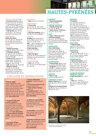 19
SAULIAC-SUR-CÉLÉ è
¡ Écomusée de Cuzals (musée de
plein air), sam et dim: 14h-18h, G ,
P. Démonstrations de savoir-faire
agricole et artisanal. Médiation jeune
public autour de l’exposition “Cuisines
quercynoises” sam et dim à 16h30
¡ Salle des fêtes, dim: 10h-12h,
14h-18h, G , P. E “Dix ans de
préservation du patrimoine local”
SÉNIERGUES
n Église Saint-Martin,
sam: 14h-18h, dim: 10h30-12h30,
14h-18h, T à 15h et 16h, G , P.
Circuit pédestre libre de découverte
du bourg
SOUILLAC
¡ Abbatiale Sainte-Marie,
sam et dim: 10h-12h, 14h-17h, G , P
¡ Bibliothèque municipale,
sam: 10h-12h, 14h-17h, T ven à
15h, G . Présentation des fonds Sim
Copans et Pierre Betz
¡ Cinéma Le Paris, projection d’un
montage diapos “les Esclops” et
du film “Souillac, l’histoire d’une
confluence”, sam à 21h, G
¡ Halle, bal occitan, dim: 18h-20h, G
¡ Musée de l’automate,
sam: 10h-12h, 15h-18h, G .
Maquilleuse pour enfants. T de la
“Scène Dubout” en présence de la
famille de l’illustrateur dim: 15h-17h
Bonnemazon, abbaye de l’Escaladieu
© Conseil général des Hautes-Pyrénées
CIRCUITS ET ANIMATIONS
CABRERETS
“Visite du village”,
maisons troglodytiques, moulin,
château du Diable. Parcours agrémenté
d’œuvres d’art contemporain et de
totems retraçant l’histoire du village.
Départs de la place du village,
devant l’office de tourisme, samedi et
dimanche à 10h, 11h, 14h, 15h et 16h.
Dégustation et vente de pastis salés et
sucrés. Rens. 0565312661.
CAHORS
• “Les portes du XVIIe
siècle
en secteur sauvegardé”,
visite commentée par l’animateur
du patrimoine. Départ du 33 place
Rousseau (brocante “Passé-Présent”)
vendredi, samedi, dimanche et lundi
à 13h, 14h30 et 16h, gratuit
(durée: 1h30). Rens. 0565208883 ;
• “Parcours autour des monuments
protégés”, parcours libre samedi et
dimanche au départ de l’hôtel de ville,
gratuit.
FIGEAC
• “Les maisons de Figeac
au Moyen Âge”, samedi à 10h30,
14h et 16h, dimanche à 11h;
• “Cent ans de Monuments
Historiques”, samedi et dimanche
à 15h;
• “En poussant les portes de la cité”,
dimanche à 10h30 et 16h;
• “Figeac classique et baroque”,
samedi à 11h;
• “L’enquêteur du passé”, visite
guidée en famille, dimanche à 14h.
Départs de l’office de tourisme, gratuit.
Rens. 0565340625.
LATRONQUIÈRE
“Les 900 ans de l’ordre de Malte”,
circuit pédestre au départ de la place
de l’église dimanche à 10h
(durée: 1h), suivie d’une conférence
à 14h, gratuit.
SAULIAC-SUR-CÉLÉ
“Le vieux Sauliac”, visite guidée du
bourg historique. Départ de la mairie
dimanche à 10h et 16h, gratuit.
Rens. 0565302331.
VILLESÈQUE
“Comprendre l’architecture rurale du
Quercy”, visite promenade commentée,
à pied et en véhicule particulier au
départ de l’église dimanche à 15h
(durée: 1h30), gratuit.
Rens. 0565369566.
SOULOMÈS
¡ Église, sam et dim: 9h-18h, G
SOUSCEYRAC
¡ Salle des fêtes,
sam: 14h-18h, dim: 10h-18h, G .
E “Savoir-faire et passions du Ségala”
THÉGRA
¡ Église Saint-Barthélemy, sam et
dim: 10h-12h, 14h-19h, T, G , P
VAILLAC
● Château (parc, deux pièces et
écuries), T sam et dim à 14h, 15h,
16h et 17h, 3€, G -18 ans,
GPS, P. Repas champêtre dim à 12h
(selon météo et sur réservation au
0565310435 / 0673334532)
● Église Saint-Julien,
sam et dim: 9h-18h, G
VAYRAC
¡ Église Saint-Martin,
sam et dim: 9h-18h, G . Diaporama et
conférence sur les arts sacrés sam à
18h. z dim à 18h
VILLESÈQUE è
¡ Église, sam: 15h-19h,
dim: 10h-12h, 15h-19h, T du retable
sam à 15h, G
ANDREST
¡ Église Saint-Barthélemy,
dim: 9h-18h, T, G
ARRENS-MARSOUS
¡ Chapelle de Pouey Laün,
dim: 15h-17h, T, G , P
¡ Églises d’Arrens et de Marsous,
sam et dim: 10h-17h, G , P
ASTÉ
¡ Église et Maison des Ferrère
et du Baroque pyrénéen,
sam et dim: 14h-18h, T, G , P.
E “L’art baroque revisité par les élèves
de l’École supérieure d’Art et Céramique
de Tarbes”
AUREILHAN
● Anc. tuilerie Oustau,
sam et dim: 9h-19h, G , P.
E des projets de fin d’étude des
élèves de l’École nationale supérieure
d’architecture de Toulouse sur le
devenir de ce site industriel.
E de photos ”L’esprit du lieu vu
par Francis Chelle”
AVENTIGNAN
¡ Grotte de Gargas, T sam et dim
sur réservation (0562988150), TN
¡ Nestplori@, sam et dim: 10h30-
17h30, G , P. Animation autour des
pigments utilisés dans la grotte de
Gargas à 14h, 15h et 16h
AZEREIX
● Église et lavoir,
sam: 9h-13h, T à 10h30, G
BARBAZAN-DEBAT
n Agence Edmond Lay (av. du Pic du
Midi), sam et dim: 10h-12h, 13h-18h,
G , P
n Résidence de l’architecte Edmond
Lay, T dim à 15h (sur inscription au
0649422572), G , P
BARÈGES
● Funiculaire,
sam: 10h-12h30, 14h-18h, dim:
10h-12h30, 14h-17h, G , P.
E sur l’histoire du funiculaire à la
gare de départ. Circuit pédestre toute la
journée à la découverte du site de l’Ayré
au départ de la gare du funiculaire,
présentation de la machinerie et
animation musicale, dim à 9h30, ,
, accompagnés (sur inscription
au 0562921600 avant le 12 sept. et le
10 sept. pour les personnes en situation
de handicap moteur)
BEAUCENS
¡ Donjon des Aigles,
sam et dim: 10h-12h, G , P.
Collection de rapaces d’Europe
BEAUDÉAN
¡ Musée Larrey,
sam: 13h-18h, T, 1€, G -12 ans, P.
E “La France en costumes: poupées
et habits de fête d’autrefois”
BONNEMAZON
¡ Abbaye de l’Escaladieu, sam et
dim: 9h30-18h30, T de 10h à 17h,
G , P. “1913-2013: cent ans de
protection en France”, E et cycle de
conférences (sam à partir de 14h)
organisés par la Drac, le Stap, le CAOA,
le CAUE, le Conseil général et le clergé
CAZEAUX-FRÉCHET-
ANÉRAN-CAMORS
● Église Saint-Calixte, dim: 15h-17h
ENS
¡ Église, sam: 14h30-18h,
dim: 10h-12h, 14h30-18h, T, G , P.
Diaporama sur l’église et le village
(mairie)
HAUTES-PYRÉNÉES
 