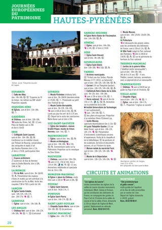 20
ESPARROS
¡ Salle des fêtes,
dim: 14h-18h, G . E “Esparros au fil
du temps: les métiers au XIXe
siècle”.
Projection, exposés
ESQUIÈZE-SÈRE
● Églises, sam et dim: 15h-18h,
G , P
GARDÈRES
● Château, sam et dim: 10h-18h,
T toutes les 45mn, 5€, G -12 ans.
Pièce de théâtre sam à 20h
et dim à 15h30
IBOS
¡ Collégiale Saint-Laurent,
sam et dim: 10h-18h, G , P.
Conférence sur le mobilier classé,
par Thibaut de Rouvray, conservateur
des antiquités et objets d’art
des Hautes-Pyrénées dim à 11h.
z dim à 17h30, participation libre
LABASTIDE
¡ Espace préhistoire,
z souterrain de Voix de femmes
dans la Grotte Blanche, dim à 18h,
10€ et 5€
LA MONGIE
¡ Pic du Midi, sam et dim: 9h-16h30,
TR, P. Présentation des espèces
d’ânes et mulets qui ont contribué à la
construction du Pic du Midi. Visite des
coupoles T1M et T60 à partir de 14h
LANÇON
● Église Sainte-Eulalie,
sam: 10h-12h, 14h-17h,
dim: 14h-17h, T, G , P
LARREULE
¡ Église, sam et dim: 14h-18h, P
LES ANGLES
¡ Château fort, sam et dim: 10h-12h,
14h-18h, T, G , P. E d’artisanat
LOURDES
¡ Musée Pyrénéen (château fort),
sam et dim: 9h-18h30 (dernière entrée
à 17h30), G , P. Promenade sur petit
âne. Festival de rue
¡ Musée Sainte-Bernadette,
sam et dim: 9h-12h, 14h-19h,
T sam à 10h et dim à 16h, G , P.
Livret-jeu pour les enf. de 6 à 14 ans.
E . Départ de la visite des sanctuaires
Notre-Dame sam et dim à 14h
LUZ-SAINT-SAUVEUR
¡ Église des templiers, maison
Gradet-Poque, musée du trésor,
thermes, sam: hnc, G , P
MAUBOURGUET
¡ Église, sam et dim: hnc, G , P
¡ Musée archéologique,
sam et dim: 10h-18h, T à 15h,
G , P. Commentaire audio sur la
Préhistoire. Projection sur la mosaïque
du Dieu Océan
MAUVEZIN
¡ Château, sam et dim: 10h-19h,
T sam à 11h, 15h et 16h, dim à
11h et 18h, , , TR, G -12 ans.
Animations médiévales et spectacle
dim de 15h à 18h
MONLÉON-MAGNOAC
● Église et place du Château, visite
libre sam à 16h et T sam à 18h, G
POUZAC
¡ Église Saint-Saturnin,
sam et dim: 9h30-17h, P
PUNTOUS
● Église Saint-Pierre,
sam et dim: 14h-17h, G , P
SAINT-LARY-SOULAN
¡ Chapelle Sainte-Marie, sam et dim:
16h-18h, G . E de peintures
SARIAC-MAGNOAC
¡ Église, dim: 14h-17h, G
CIRCUITS ET ANIMATIONS
SARRIAC-BIGORRE
● Église Notre-Dame-de-l’Assomption,
dim: 14h-18h, G , P
SÉMÉAC
¡ Église, sam et dim: 14h-18h,
T à 14h, G . z dim à 17h30
SERS
¡ Église Saint-Vincent,
sam et dim: 8h-18h, G
SOUBLECAUSE
¡ Église Saint-André,
dim: 14h-18h, T à 16h, G , P
TARBES
¡ Archives municipales,
E “Il était une fois Tarbes, Placide
Massey (1777-1853), un botaniste”,
sam et dim: 10h-12h, 14h-18h, G , P
¡ Carmel (14 rue Théophile Gautier),
sam et dim: 10h-12h, 14h-18h, G , P
¡ Cathédrale Notre-Dame-de-la-Sède,
sam: 9h-12h, dim: 14h-18h,
T sam à 10h et dim à 15h, G , P
¡ Haras national, T sam et dim de
15h à 17h, , , G , P. Animation
sur la protection de la ville
n Institut Universitaire de Technologie
(1 rue Lautréamont),
T sam: 14h-18h, G , P.
E des plans et esquisses. Projection
d’un entretien filmé d’Edmond Lay
¡ Jardin Massey,
spectacle déambulatoire dim à 15h, G
● Lycée Théophile-Gautier (15 rue
Abbé-Torné), sam et dim: 10h-12h,
14h-17h, T, G . Présentation
d’instruments scientifiques anciens
et expériences. Visite de la chapelle et
de la bibliothèque. E de peintures et
de sculptures, de livres et documents
anciens, et sur l’histoire du lycée
¡ Maison natale du maréchal Foch,
sam et dim: 10h-12h, 14h-18h, T,
G , P
¡ Musée de la Déportation,
sam et dim: 10h-12h, 14h-18h, T, G
Aventignan, grottes de Gargas,
main à la niche
© R. Springinsfeld, CCC Saint-Laurent-de-Neste
Tarbes, lycée Théophile-Gautier
© F. Angelini
¡ Musée Massey,
sam et dim: 10h-12h30, 13h30-19h,
G , P
● Préfecture,
T et découverte des grands salons
avec les architectes des bâtiments
de France, sam à 10h et 11h, G , P
● Villa Fould (siège du Parc national
des Pyrénées), T dim à 14h30 et
15h30, G , P. E sur le patrimoine du
territoire du Parc national
THERMES-MAGNOAC
¡ Jardins de la poterie Hillen
(“labellisé Jardin remarquable”),
sam et dim: 10h-19h, 6€,
3€ de 6 à 14 ans, G – 6 ans.
Théâtre, concert, lectures, animations
avec un pépiniériste et un naturopathe
TRAMEZAYGUES
¡ Château, T sam à 14h30 par un
guide du Pays d’art et d’histoire, G
VIELLE-AURE
¡ Chapelle d’Agos,
sam et dim: 14h-17h, T, G , P
¡ Église, sam et dim: 10h-17h,
G , P. Projection “L’église se raconte”
MONT
“Les églises du Louron”,
visites commentées des églises de la
vallée du Louron classées monuments
historiques (Mont, Jezeau et Arreau),
par les architectes des bâtiments de
France, en compagnie des guides du
Pays d’art et d’histoire de la vallée du
Louron et de la vallée d’Aure, dimanche
à 15h au départ de l’église de Mont,
gratuit. Déplacement en véhicule
personnel. Rens. 0562344101.
MONTSÉRIÉ
“Site protohistorique
et gallo-romain”,
visite guidée de l’oppidum
et du lieu de culte accessibles
par un sentier de 5 km.
Départ de l’église dimanche
à 14h30, gratuit.
Rens. 0562989841.
HAUTES-PYRÉNÉES
 