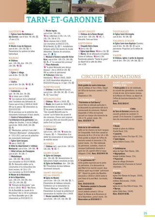 25
TARN-ET-GARONNE
LAUZERTE è
¡ Églises Saint-Barthélemy et
des Carmes, sam et dim: 9h-18h, G .
z ven à 21h
LOZE
● Moulin à eau de Vignasse,
sam et dim: 15h-19h, G , P.
Présentation du système de bélier
hydraulique
MARSAC
● Château,
sam: 14h-18h, dim: 10h-12h,
14h-18h, T, G
MAUBEC
¡ Église et village,
sam et dim: 9h-19h, G
MOISSAC
¡ Cloître,
sam et dim: 9h-18h, T, G , P
MONTAUBAN è
¡ Cathédrale,
sam: 9h-19h, dim: 9h-18h,
T du trésor sam à 10h30,
T “Les coulisses de la cathédrale”
avec l’architecte des bâtiments de
France sam et dim à 14h30 et 16h30
(RV sur le parvis), G (réservation au
0563630350).
E de panneaux sur la protection des
monuments historiques et leurs abords.
¡ Centre d’interprétation de
l’architecture et du patrimoine (anc.
collège des Jésuites, 2 rue du Collège),
sam et dim: 9h30-12h30, 14h-18h,
G , P.
E “Montauban, portrait d’une ville”,
“Intérieurs-Montauban”, photographies,
et “1913-2013, cent ans de protection
des monuments historiques”
¡ Église Saint-Jacques,
T sam à 14h30, G
● Hôtel du département et château
Montauriol, sam et dim: 14h-18h, T
¡ Hôtel Lefranc-de-Pompignan,
sam et dim: 9h-18h, P
¡ Médiathèque,
sam: 10h-18h, T à 10h30
(sur inscription au 0563918800),
G , P. Rencontre-atelier sur la
conservation et la restauration des
livres anciens, de 15h à 17h
(sur inscription au 0563918800)
● Musée de la Résistance
et de la Déportation,
sam: 10h-12h, 14h-20h, dim:
10h-12h, 14h-18h, G .
T “Portraits de Résistants” sam
et dim à 10h30. T E “Moi Pierre,
fils de Bourdelle au musée de la
Résistance” dim à 15h et conférence
sur Pierre Bourdelle sam à 18h
(réservation au 0563660311)
¡ Musée Ingres,
sam et dim: 10h-18h,
T des collections à 10h, 11h, 12h,
14h, 15h, 16h et 17h,
T des réserves dim à 14h30
(sur inscription au 0563221291,
RV bd Herriot), , G P. Installations
ludiques autour des œuvres du musée
détournées. Séances de caricature,
jeux, , ,
¡ Muséum d’histoire naturelle Victor
Brun, sam et dim: 10h-12h, 14h-18h,
G , P. z “Le carnaval des animaux”
¡ Place Nationale,
T “la place Nationale sens dessus
dessous”, dim à 10h30 et 15h, G
(RV au centre du patrimoine)
● Préfecture (hôtel des
Intendants), T dim à 9h30, 10h30
et 11h30 (réservation obligatoire au
0563630350 jusqu’au 12 sept. 17h), G
MONTRICOUX
¡ Château (musée Marcel-Lenoir),
sam et dim: 10h-18h, 3€, G -12 ans,
P. E “Louis Oury”
NÈGREPELISSE
¡ Château, T dim à 14h30, G
¡ Moulin, dim à partir de 14h30, G , P.
Démonstration de meunerie.
E de pierres sculptées et faïencerie.
“Une nouvelle Mascotte pour la
cuisine” sur le thème des prunes et
des conserves. Chacun peut proposer
un plat pour élire une mascotte pour le
centre d’art La Cuisine
PIQUECOS
¡ Château-fort,
sam et dim: 14h-19h, T toutes les
½ heures, G , P. Présentation d’un
atelier de conservation et restauration
de mobilier ancien
REYNIÈS
¡ Château (ext.), sam et dim: 10h-12h,
14h-18h, T, G , P
SAINT-CLAIR
● Église de Colonges,
dim: 10h-18h, G . Démonstration de
fabrication d’objets miniatures en bois
● Église de Roubillous, dim: 10h-18h,
G . Présentation de deux tableaux
récemment restaurés
SAINT-NICOLAS-
DE-LA-GRAVE
n Église du Moutet,
sam et dim: 10h-12h, 14h-18h, G , P.
Présentation de tableaux restaurés.
Conférence sur la restauration du
“Pressoir Mystique” ven à 20h30.
Présentation du travail de protection et
conservation du mobilier dim à 14h30
¡ Musée Lamothe-Cadillac,
sam et dim: 10h-12h, 14h-18h, G
SAINT-PROJET
¡ Château de la Reine-Margot,
sam et dim: 10h-19h, T, 5€, P.
Brocante. Foire aux livres
SEPTFONDS
¡ Chapelle Notre-Dame,
T dim à 16h, G
¡ Église Saint-Blaise, T dim à 15h, G
¡ Mairie, E de vêtements et trophées
Costes et tableaux, T dim à 14h.
Randonnée pédestre “Tombe du géant”
au départ de la salle des fêtes
dim à 10h
CIRCUITS ET ANIMATIONS
CAUSSADE
Visite guidée du centre historique,
site du château et Tour d’Arles. Départ
de l’office de tourisme, samedi à 15h,
gratuit.
Diaporama à 16h.
LAFRANÇAISE
“Patrimoine en Sud Quercy”,
circuit libre en véhicule particulier à
la découverte du patrimoine bâti de la
communauté de communes. Dépliant
disponible à l’office de tourisme
(accueil sur chaque site dimanche de
14h à 17h, gratuit, durée: 3h).
Rens. 0563659110.
LAUZERTE
Visite de la cité médiévale,
halte sur les chemins de Saint-Jacques-
de-Compostelle. Visite libre samedi et
dimanche de 9h à 12h et de 14h à 18h.
Visite guidée au départ de l’office de
tourisme samedi et dimanche à 15h,
gratuit (durée: 1h). Fête médiévale
du patrimoine, scénettes, chants et
musique traditionnels dimanche à
partir de 12h, apéritif offert et repas
villageois (15€). Rens. 0563946194.
MONTAUBAN
• “Le patrimoine XXe
”,
visite guidée organisée par le centre
du patrimoine, à la découverte du
pont Neuf et du marché couvert, deux
édifices ayant reçu le label “patrimoine
XXe
”. Départ du gradin des Mouettes
dimanche à 14h30 et 16h30 (entre le
pont Vieux et le pont Neuf, rive droite),
gratuit.
Rens. 0563630350 ;
• “Montauban pendant la Seconde
Guerre mondiale”,
circuit pédeste samedi à 16h au
départ du Musée de la Résistance et
de la Déportation, gratuit (durée: 2h).
Réservation au 0563660311.
TOUFFAILLES
● Église Saint-Christophe,
sam et dim: 9h-18h, G
VALENCE-D’AGEN
● Église Saint-Jean-Baptiste (Castels),
sam et dim: 9h-18h, G . E sur le
patrimoine. Projection sur le métier de
charron
VAREN
● Château, église et jardin du doyenné,
sam et dim: 10h-12h, 14h-18h, G , P
SAINT-ANTONIN-
NOBLE-VAL
• Visite guidée de la cité médiévale,
du couvent des génovéfains, du moulin
à huile de noix, de la maison romane,
de la Maison de l’Amour, au départ de
l’office de tourisme dimanche à 15h,
gratuit.
Rens. 0563306347.
Châteaux chantants : L’Adda
du Tarn-et-Garonne présente dix
concerts gratuits les vendredi 13,
samedi 14 et dimanche 15 septembre
dans les monuments et sites suivants:
Vendredi:
• Bioule,
temple ou place du château
(Castel Band, 21h),
• Lauzerte,
église des Carmes (Trio Opus 82, 21h),
• Saint-Aignan,
église (Valerio Civano, 21h).
Samedi:
• Castelmayran,
place du Foyer (Twin Shares, 18h),
• Nègrepelisse,
temple (Lakhdar Hanou, 21h),
• Puycornet,
place du village (Orchestre
départemental d’harmonie et Concert
impromptu, 17h).
Dimanche:
• Auvillar,
église (Trio Olympe de Gouges, 15h30),
• Bruniquel,
château (Bassacada, 17h30),
• Laguépie,
église du Lez (duo flûte et harpe, 15h),
• Marsac,
église (Sotto Voce, 15h30).
Rens. 0563918396.
 