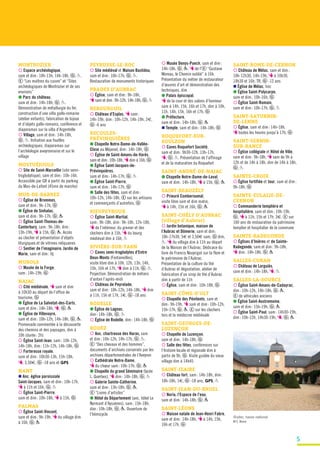 5
Rodez, haras national
© C. Bruna
MONTROZIER
¡ Espace archéologique,
sam et dim: 10h-13h, 14h-18h, G , P.
E “Les maîtres du cuivre” et “Sites
archéologiques de Montrozier et de ses
environs”
● Parc du château,
sam et dim: 14h-18h, G , P.
Démonstration de métallurgie du fer,
construction d’une villa gallo-romaine
(atelier enfants), fabrication de bijoux
et d’objets gallo-romains, conférence et
diaporamas sur la villa d’Argentelle
¡ Village, sam et dim: 14h-18h,
G , P. Initiation aux fouilles
archéologiques, diaporamas sur
l’archéologie aveyronnaise et sur le
village
MOSTUÉJOULS
¡ Site de Saint-Marcellin (site semi-
troglodytique), sam et dim: 10h-16h.
Accessible par GR à partir du parking
du Mas-de-Lafont (45mn de marche)
MUR-DE-BARREZ
¡ Église de Brommes,
sam et dim: 9h-17h, G
● Église de Sinhalac,
sam et dim: 9h-17h, G , P
¡ Église Saint-Thomas-de-
Canterbury, sam: 9h-18h, dim:
13h-19h, T à 15h, G , P. Accès
au clocher et présentation d’objets
liturgiques et de vitrines reliquaires
¡ Sentier de l’imaginaire, Jardin de
Marie, sam et dim: tlj
MUROLS
¡ Musée de la Forge,
sam: 14h-19h, G
NAJAC
¡ Cité médiévale, T sam et dim
à 10h30 au départ de l’office de
tourisme, G
● Église de La Salvetat-des-Carts,
sam et dim: 14h-18h, T, G , P
● Église de Villevayre,
sam et dim: 10h-12h, 14h-18h, G , P.
Promenade commentée à la découverte
des chemins et des paysages, dim à
10h (durée: 2h)
¡ Église Saint-Jean, sam: 10h-12h,
14h-18h, dim: 11h-12h, 14h-18h, G
¡ Forteresse royale,
sam et dim: 10h30-13h, 15h-18h,
T, 3,50€, G -18 ans et GPS
NANT
n Anc. église paroissiale
Saint-Jacques, sam et dim: 10h-17h,
T à 11h et 16h, G , P
¡ Église Saint-Pierre,
sam et dim: 10h-18h, T à 15h, G
PALMAS
¡ Église Saint-Vincent,
sam et dim: 9h-19h, T du village dim
à 16h, G , P
PEYRUSSE-LE-ROC
¡ Site médiéval et Maison Bastidou,
sam et dim: 10h-17h, G , P.
Restauration de monuments historiques
PRADES D’AUBRAC
¡ Église, sam et dim: 9h-18h,
T sam et dim: 9h-12h, 14h-18h, G , P
REBOURGUIL
¡ Château d’Esplas, T sam:
14h-19h, dim: 10h-12h, 14h-19h, 2€,
G -6 ans
RECOULES-
PRÉVINQUIÈRES
● Chapelle Notre-Dame-de-Vallée-
Close au Méjanel, dim: 14h-18h, G
¡ Église de Saint-Amans-de-Varès,
sam et dim: 10h-18h, T dim à 16h, G
● Église Saint-Jacques-de-
Prévinquières,
sam et dim: 14h-17h, G , P
● Église Saint-Pierre,
sam et dim: 14h-17h, G
● Salle des fêtes, sam et dim:
10h-12h, 14h-18h, E sur les artisans
et commerçants d’autrefois, G
RIEUPEYROUX
¡ Église Saint-Martial,
sam: 9h-18h, dim: 9h-10h, 12h-18h,
T de l’intérieur, du grenier et des
clochers dim à 15h, T du bourg
médiéval dim à 16h, P
RIVIÈRE-SUR-TARN
¡ Caves semi-troglodytes d’Entre
Deux-Monts (Fontaneilles),
visite libre dim à 10h, 12h, 13h, 14h,
15h, 16h et 17h, T dim à 11h, G , P.
Projection. Démonstration de métiers
d’antan l’après-midi
¡ Château de Peyrelade,
sam et dim: 10h-12h, 14h-18h, T dim
à 11h, 15h et 17h, 1€, G -18 ans
RODELLE
● Église de Lagnac,
dim: 14h-18h, G , P
¡ Église de Rodelle, dim: 14h-18h, G
RODEZ
¡ Anc. chartreuse des Haras, sam
et dim: 10h-12h, 14h-17h, G , P.
E “Des chevaux et des hommes”,
documents d’archives conservés par les
archives départementales de l’Aveyron
¡ Cathédrale Notre-Dame,
T du chœur sam: 10h-17h, G , P
● Chapelle du grand Séminaire (lycée
L. Querbes), T dim: 14h-18h, G , P
¡ Galerie Sainte-Catherine,
sam et dim: 13h-18h, G , P.
E “Livres d’artistes”
● Hôtel du Département (anc. hôtel Le
Normant d’Ayssènes), sam: 15h-18h,
dim: 10h-18h, G , P. Ouverture de
l’hémicycle
¡ Musée Denys-Puech, sam et dim:
14h-18h, G , P. T de l’ E “Gustave
Moreau, le Chemin oublié” à 16h.
Présentation du métier de restaurateur
d’œuvres d’art et démonstration des
techniques, dim
● Palais épiscopal,
T de la cour et des salons d’honneur
sam à 14h, 15h, 16h et 17h, dim à 10h,
11h, 14h, 15h, 16h et 17h, G
● Préfecture,
sam et dim: 14h-18h, G , P
n Temple, sam et dim: 14h-18h, G
ROQUEFORT-SUR-
SOULZON
¡ Caves Roquefort Société,
sam et dim: 9h30-12h, 13h-17h,
T, G , P. Présentation de l’affinage
et de la maturation du Roquefort
SAINT-ANDRÉ-DE-NAJAC
● Chapelle Notre-Dame-de-Laval,
sam et dim: 14h-18h, T à 15h, G , P
SAINT-BEAUZÉLY
¡ Prieuré Comberoumal,
visite libre sam et dim matin,
T à 14h, 15h et 16h, G , P
SAINT-CHÉLY D’AUBRAC
(village d’Aubrac)
¡ Jardin botanique, maison de
l’Aubrac et Dômerie, sam et dim:
10h-17h30, 5€ et 3,50€ sam, G dim,
P. T du village dim à 11h au départ
de la Maison de l’Aubrac. Dédicace du
livre de Francis Nouyrigat sur la flore et
le patrimoine de l’Aubrac.
Présentation de la culture du thé
d’Aubrac et dégustation, atelier de
fabrication d’un sirop de thé d’Aubrac
dim à partir de 11h
¡ Église, sam et dim: 10h-18h, G
SAINT-CÔME-D’OLT
¡ Chapelle des Pénitents, sam et
dim: 9h-19h, T sam et dim: 10h-12h,
15h-17h, G , P. E sur les clochers
tors et la médecine médiévale
SAINT-GEORGES-DE-
LUZENÇON
¡ Chapelle de Luzençon,
sam et dim: 14h-18h, G
¡ Salle des fêtes, conférences sur
l’histoire locale et régionale dim à
partir de 9h, G . Visite guidée du vieux
village dim à 14h45
SAINT-IZAIRE
¡ Château fort, sam: 14h-18h, dim:
10h-18h, 1€, G -18 ans, GPS, P
SAINT-JEAN-DU-BRUEL
¡ Noria, l’Espace de l’eau,
sam et dim: 14h-18h, G , P
SAINT-LÉONS
¡ Maison natale de Jean-Henri Fabre,
sam et dim: 14h-18h, T à 14h, 15h,
16h et 17h, G
SAINT-ROME-DE-CERNON
¡ Château de Mélac, sam et dim:
10h-12h30, 14h-19h, T à 10h30,
14h30 et 16h, TR, G -12 ans
n Église de Mélac, hnc
● Église Saint-Polycarpe,
sam et dim: 10h-16h, G
¡ Église Saint-Romain,
sam et dim: 10h-17h, G , P
SAINT-SATURNIN-
DE-LENNE
¡ Église, sam et dim: 14h-18h,
T toutes les heures jusqu’à 17h, G
SAINT-SERNIN-
SUR-RANCE
¡ Église collégiale et Hôtel de Ville,
sam et dim: 9h-18h, T sam de 9h à
12h et de 14h à 18h, dim de 14h à 18h,
G , P
SAINTE-CROIX
¡ Église fortifiée et tour, sam et dim:
9h-18h, G
SAINTE-EULALIE-DE-
CERNON
¡ Commanderie templière et
hospitalière, sam et dim: 10h-19h,
G , T à 11h, 15h et 17h, 3€. E sur
100 ans de restauration du patrimoine
templier et hospitalier de la commune
SAINTE-RADEGONDE
¡ Églises d’Inières et de Sainte-
Radegonde, sam et dim: 9h-18h,
T dim: 14h-18h, G , P
SALLES-CURAN
¡ Château de Larguiès,
sam et dim: 14h-18h, T, P
SALLES-LA-SOURCE
¡ Église Saint-Amans-de-Cadayrac,
dim: 10h-12h, 14h-18h, G , P.
E de véhicules anciens
● Église Saint-Austremoine,
sam et dim: 15h-19h, G , P
¡ Église Saint-Paul, sam: 14h30-19h,
dim: 10h-12h, 14h30-19h, T, G , P
 