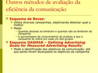 Outros métodos de avaliação da
eficiência da comunicação
 Esquema de Reves:
 Utiliza diversas campanhas, objetivando detectar qual a
melhor
 Mede:
 Quantas pessoas se lembram e quantas não se lembram da
campanha
 A porcentagem de consumidores do produto a que a
campanha se refere em cada um dos grupos
 Esquema DAGMAR – Defining Advertising
Goals for Measured Advertising Results:
 Mede a identificação dos objetivos da comunicação: até
que ponto foram alcançados os objetivos da campanha
 