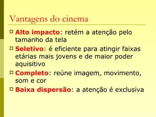 Vantagens do cinema
 Alto impacto: retém a atenção pelo
tamanho da tela
 Seletivo: é eficiente para atingir faixas
etárias mais jovens e de maior poder
aquisitivo
 Completo: reúne imagem, movimento,
som e cor
 Baixa dispersão: a atenção é exclusiva
 