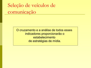 Seleção de veículos de
comunicação
O cruzamento e a análise de todos esses
indicadores proporcionarão o
estabelecimento
de estratégias de mídia.
 
