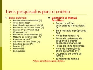 Itens pesquisados para o critério
   Bens duráveis:                              Conforto e status
       Posse e número de rádios (*)             familiar:
       Toca-discos laser                             Se tem e nº de
       Aparelho de som convencional                   empregadas mensalistas
       Posse e nº de TVs em cores (*)                 (*)
       Posse e nº de TVs em P&B                      Se a moradia é própria ou
       Videocassete (*)                               não
       Posse e nº de automóveis (*)
       Máquina de lavar roupas (*)
                                                      Nº de banheiros (*)
       Aspirador de pó (*)                           Posse de caderneta de
       Geladeira de uma porta (*)                     poupança e outras
       Geladeira duplex (*)                           aplicações financeiras
       Freezer (*)                                   Posse de linha telefônica
       Microondas                                    Nível de instrução do
       Computador                                     chefe da família (*)
                                                      Ocupação do chefe de
                                                       família
                                                      Tamanho da família
                           (*) Itens considerados para o Critério.
 