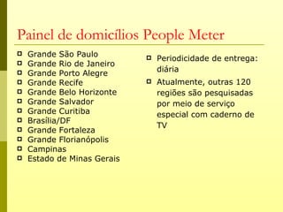Painel de domicílios People Meter
   Grande São Paulo            Periodicidade de entrega:
   Grande Rio de Janeiro
                                 diária
   Grande Porto Alegre
   Grande Recife               Atualmente, outras 120
   Grande Belo Horizonte        regiões são pesquisadas
   Grande Salvador              por meio de serviço
   Grande Curitiba              especial com caderno de
   Brasília/DF
                                 TV
   Grande Fortaleza
   Grande Florianópolis
   Campinas
   Estado de Minas Gerais
 