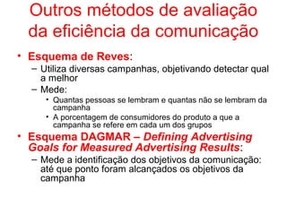 Outros métodos de avaliação
da eficiência da comunicação
• Esquema de Reves:
– Utiliza diversas campanhas, objetivando detectar qual
a melhor
– Mede:
• Quantas pessoas se lembram e quantas não se lembram da
campanha
• A porcentagem de consumidores do produto a que a
campanha se refere em cada um dos grupos
• Esquema DAGMAR – Defining Advertising
Goals for Measured Advertising Results:
– Mede a identificação dos objetivos da comunicação:
até que ponto foram alcançados os objetivos da
campanha
 