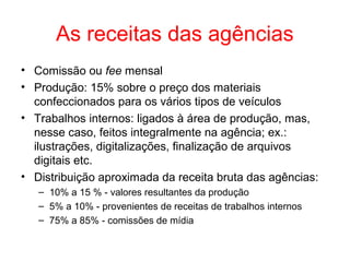 As receitas das agências
• Comissão ou fee mensal
• Produção: 15% sobre o preço dos materiais
confeccionados para os vários tipos de veículos
• Trabalhos internos: ligados à área de produção, mas,
nesse caso, feitos integralmente na agência; ex.:
ilustrações, digitalizações, finalização de arquivos
digitais etc.
• Distribuição aproximada da receita bruta das agências:
– 10% a 15 % - valores resultantes da produção
– 5% a 10% - provenientes de receitas de trabalhos internos
– 75% a 85% - comissões de mídia
 