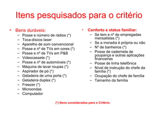 Itens pesquisados para o critério
• Bens duráveis:
– Posse e número de rádios (*)
– Toca-discos laser
– Aparelho de som convencional
– Posse e nº de TVs em cores (*)
– Posse e nº de TVs em P&B
– Videocassete (*)
– Posse e nº de automóveis (*)
– Máquina de lavar roupas (*)
– Aspirador de pó (*)
– Geladeira de uma porta (*)
– Geladeira duplex (*)
– Freezer (*)
– Microondas
– Computador
• Conforto e status familiar:
– Se tem e nº de empregadas
mensalistas (*)
– Se a moradia é própria ou não
– Nº de banheiros (*)
– Posse de caderneta de
poupança e outras aplicações
financeiras
– Posse de linha telefônica
– Nível de instrução do chefe da
família (*)
– Ocupação do chefe de família
– Tamanho da família
(*) Itens considerados para o Critério.
 