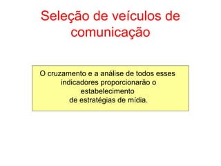 Seleção de veículos de
comunicação
O cruzamento e a análise de todos esses
indicadores proporcionarão o
estabelecimento
de estratégias de mídia.
 