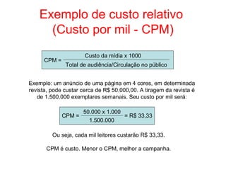 Exemplo de custo relativo
(Custo por mil - CPM)
Custo da mídia x 1000
Total de audiência/Circulação no público
CPM =
Exemplo: um anúncio de uma página em 4 cores, em determinada
revista, pode custar cerca de R$ 50.000,00. A tiragem da revista é
de 1.500.000 exemplares semanais. Seu custo por mil será:
50.000 x 1.000
1.500.000
CPM = = R$ 33,33
Ou seja, cada mil leitores custarão R$ 33,33.
CPM é custo. Menor o CPM, melhor a campanha.
 