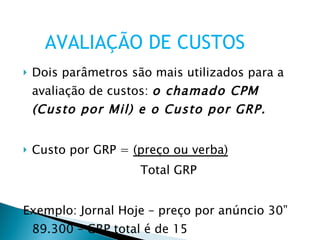Dois parâmetros são mais utilizados para a avaliação de custos:  o chamado CPM (Custo por Mil) e o Custo por GRP. Custo por GRP =  (preço ou verba) Total GRP Exemplo: Jornal Hoje – preço por anúncio 30” 89.300 – GRP total é de 15 AVALIAÇÃO DE CUSTOS 