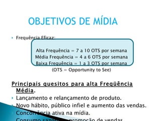 Frequência Eficaz: Alta Frequência = 7 a 10 OTS por semana Média Frequência = 4 a 6 OTS por semana Baixa Frequência = 1 a 3 OTS por semana (OTS = Opportunity to See) Principais quesitos para alta Freqüência Média . Lançamento e relançamento de produto. Novo hábito, público infiel e aumento das vendas. Concorrência ativa na mídia. Consumo sazonal e promoção de vendas. OBJETIVOS DE MÍDIA 