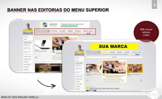 BANNER NAS EDITORIAS DO MENU SUPERIOR 
8 
MÍDIA KIT: SITE DRAUZIO VARELLA 
R$8 mil por 
editoria 
(mês) 
 