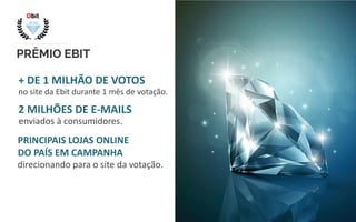 PRÊMIO EBIT
+ DE 1 MILHÃO DE VOTOS
no site da Ebit durante 1 mês de votação.
enviados à consumidores.
2 MILHÕES DE E-MAILS
direcionando para o site da votação.
PRINCIPAIS LOJAS ONLINE
DO PAÍS EM CAMPANHA
Veja como foi o último evento:
 