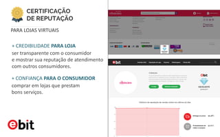 CERTIFICAÇÃO
DE REPUTAÇÃO
PARA LOJAS VIRTUAIS
+ CREDIBILIDADE PARA LOJA
ser transparente com o consumidor
e mostrar sua reputação de atendimento
com outros consumidores.
+ CONFIANÇA PARA O CONSUMIDOR
comprar em lojas que prestam
bons serviços.
 