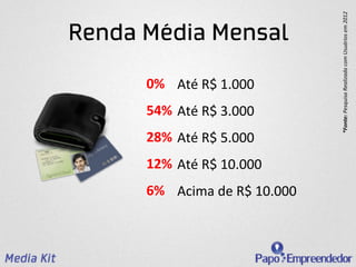 *Fonte:	
  Pesquisa	
  Realizada	
  com	
  Usuários	
  em	
  2012	
  
Renda Média Mensal

      0%	
   Até	
  R$	
  1.000	
  
      54%	
   Até	
  R$	
  3.000	
  
      28%	
   Até	
  R$	
  5.000	
  
      12%	
   Até	
  R$	
  10.000	
  
      6%	
   Acima	
  de	
  R$	
  10.000	
  
 