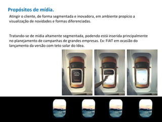 Propósitos de mídia. Atingir o cliente, de forma segmentada e inovadora, em ambiente propício a visualização de novidades e formas diferenciadas. Tratando-se de mídia altamente segmentada, podendo está inserida principalmente no planejamento de campanhas de grandes empresas. Ex: FIAT em ocasião do lançamento da versão com teto solar do Idea.  