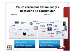 
                           
        Web 1.0                                                          Web 2.0



                                          SALAS DE               COMENTÁRIOS
                                          CHAT




     PALAVRA
                                  BUSCA
     INTERNET É
     CUNHADA
                                                         BLOGS

                    SOB                                                                         NOTÍCIAS
                    DEMANDA                                       REDES                         UGC
                                                                  PARTICIPATIVAS




                       • Foco no indivíduo                       • Foco na comunidade
                       • Consumo passivo da                      • Inovação ditada pelo gerador do
                         informação                               conteúdo (internauta)
                       • Inovação ditada pelo provedor           • Internet como plataforma
                         de conteúdo/tecnologia                    compartilhamento e distribuição

Fonte: Illuminas Research 2007 e Dados internos
 