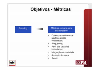 Objetivos - Métricas



Branding               Métricas comuns para
                           esse objetivo

                   •   Cobertura – número de
                       usuários únicos
                       impactados;
                   •   Frequência;
                   •   Perfil dos usuários
                       impactados;
                   •   Integração ao conteúdo;
                   •   Aumento do share
                   •   Recall
 