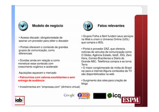 Modelo de negócio                                        Fatos relevantes

                                                       • Grupos Folha e Abril fundem seus serviços
• Acesso discado: obrigatoriedade de
                                                       na Web e criam o Universo Online (UOL)
assinar um provedor para obter o discador
                                                       que compra o BOL
• Portais oferecem o conteúdo de grandes
                                                       • Portal e provedor ZAZ, que oferecia
grupos de comunicação, como
                                                       notícias de veículos de comunicação como
diferenciais
                                                       O Globo, Agência Estado, IstoÉ, IDG, Zero
                                                       Hora, Correio Braziliense e Diário do
• Dúvidas ainda em relação a como                      Grande ABC. Telefônica compra e se torna
monetizar esse conteúdo com                            Terra
crescimento orgânico e acelerado                       • O maior conglomerado de mídia do Brasil
                                                       vai para a internet.Alguns conteúdos da TV
Aquisições aquecem o mercado                           são disponibilizados na web
• Patrocínios com valores exorbitantes e sem
entrega de audiência                                   • Surgimento dos sites para criação de
                                                       blogs
• Investimentos em “empresas.com” (dinheiro virtual)
 