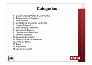 Categorias
1. Search Engines/Portals  Communities
2. Telecom/Internet Services
3. Entertainment
4. Computers  Consumer Electronics
5. News  Information
6. Multi-category Commerce
7. Education  Careers
8. Government  Non-Profit
9. Family  Lifestyles
10. Corporate Information
11. Finance/Insurance/Investment
12. Home  Fashion
13. Travel
14. Automotive
15. Special Occasions
 