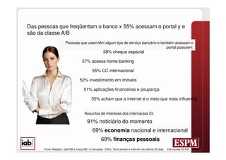 Das pessoas que freqüentam o banco x 55% acessam o portal y e
são da classe A/B
                        Pessoas que usam/têm algum tipo de serviço bancário e também acessam o
                                                                                 portal possuem:
                                                        58% cheque especial

                                      57% acessa home-banking

                                               55% CC internacional

                                    52% investimento em imóveis

                                        51% aplicações financeiras e poupança

                                              55% acham que a internet é o meio que mais influencia


                                        Assuntos de interesse dos internautas iG:

                                           91% noticiário do momento
                                               69% economia nacional e internacional
                                                      69% finanças pessoais
      Fonte: Marplan | abril/08 a março/09 | 9 mercados | Filtro: Teve acesso a internet nos últimos 30 dias.   Internautas iG A/B
 