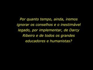 Por quanto tempo, ainda, iremos ignorar os conselhos e o inestimável legado, por implementar, de Darcy Ribeiro e de todos os grandes educadores e humanistas? 