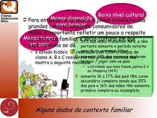 Alguns dados de contexto familiar 59% das mães trabalham fora, e têm portanto somente o período noturno para ficar com seus filhos somente 14% das crianças declaram brincar / jogar com os pais a atividade que mais fazem juntos é ir ao Shopping (36%) somente 16 a 17% dos pais têm curso secundário completo sendo que 20% dos pais e 16% das mães têm somente primário completo ou incompleto Menos tempo em casa Menos disposição para brincar Baixo nível cultural Para entender a criança e o jovem brasileiro dos grandes centros enquanto consumidores de mídia, é importante refletir um pouco a respeito do contexto familiar e socio-cultural em que esse consumo se dá o estudo Kiddo’s  ,realizado com 1500 crianças de classe A, B e C residentes nos grandes centros nos mostra a seguinte realidade 