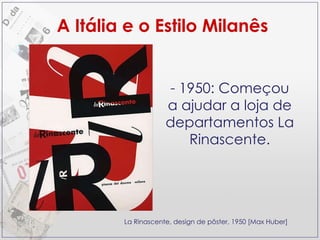 1950: Começou a ajudar a loja de departamentos La Rinascente. A Itália e o Estilo Milanês La Rinascente, design de pôster, 1950 [Max Huber] 