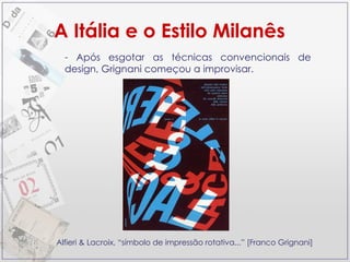 Após esgotar as técnicas convencionais de design, Grignani começou a improvisar. A Itália e o Estilo Milanês Alfieri & Lacroix, “símbolo de impressão rotativa...” [Franco Grignani] 