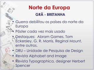 Norte da Europa Guerra debilitou os países do norte da Europa Pôster cada vez mais usado Destaques:  Abram Games, Tom Eckersley, G. R. Morris, Reginal Mount, entre outros. DRU – Unidade de Pesquisa de Design Revista Alphabet and Image Revista Typographica, designer Herbert Spencer GRÃ - BRETANHA 