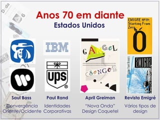 Anos 70 em diante Estados Unidos Saul Bass  Convergência Oriente/Ocidente Paul Rand Identidades Corporativas April Greiman “ Nova Onda” Design Coquetel Revista Emigré Vários tipos de design 