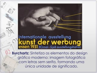 Burchartz:  Sintetiza os elementos do design gráfico moderno: imagem fotográfica com letras sem serifa, formando uma única unidade de significado. 