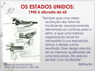 OS ESTADOS UNIDOS: 1945 à década de 60 “ Sempre que uma mera recitação dos fatos for insuficiente, excessivamente demorada ou confusa para o leitor, e que uma intensa organização visual for necessária à sua exposição, temos o design como resultado. Esse design precisa ter as mesmas qualidades de uma boa prosa. Ele precisa ser lido com facilidade” Will Burtin Manual de manutenção de armas da Força Aérea , 1944/1948 