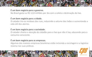 É um bom negócio para o governo.
No Brasil gasta-se R$ 12,8 milhões por dia com a coleta e destinação do lixo.

É um bom negócio para a cidade.
O catador tira os resíduos das ruas, reduzindo o volume dos lixões e aumentando a
vida útil dos aterros.

É um bom negócio para a sociedade.
O catador chama a atenção do cidadão para o lixo que não é lixo, educando para o
consumo consciente.

É um bom negócio para as empresas.
Algumas das maiores empresas brasileiras estão incluindo a reciclagem e a logística
reversa nas suas práticas.
 