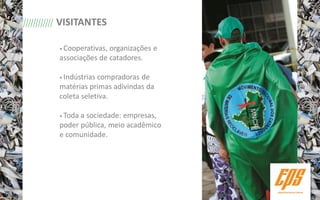 VISITANTES

• Cooperativas,organizações e
associações de catadores.

• Indústriascompradoras de
matérias primas adivindas da
coleta seletiva.

• Todaa sociedade: empresas,
poder pública, meio acadêmico
e comunidade.
 