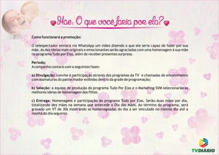 Como funcionará a promoção:
O telespectador enviará via WhatsApp um vídeo dizendo o que ele seria capaz de fazer por sua
mãe.As dez ideias mais originais e emocionantes serão agraciadas com uma homenagem à sua mãe
no programa Tudo por Elas, além de receber presentes surpresa.
Período:
Acampanha contará com a seguintes fases:
a) Divulgação: convite à participação através dos programas da TV e chamadas de envolvimento
com assinaturas do patrocinador exibidas dentro da grade de programação;
b) Seleção: a equipe de produção do programa Tudo Por Elas e o Marketing SVM selecionarão as
melhores ideias de homenagem dos filhos.
c) Entrega: Homenagens e participação do programa Tudo por Elas. Serão duas mães por dia,
totalizando dez mães na semana que antecede o Dia das Mães. Ao término do programa, será
gravado um VT de 30s mostrando as homenageadas do dia a ser veiculado no mesmo dia até a
manhã do dia seguinte.
 
