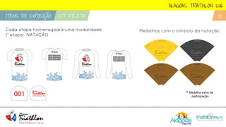 ALAGOAS TRIATHLON 2016
ITENS DE EXPOSIÇÃO KIT ATLETA 09
Cada etapa homenageará uma modalidade.
1˚ etapa: NATAÇÃO
Medalhas com o símbolo da natação:
** Medalha extra de
participação
 